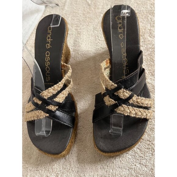 André Assous Women's Espadrille Wedge Sandals Size 7 Black & Natural Leather - Picture 1 of 11